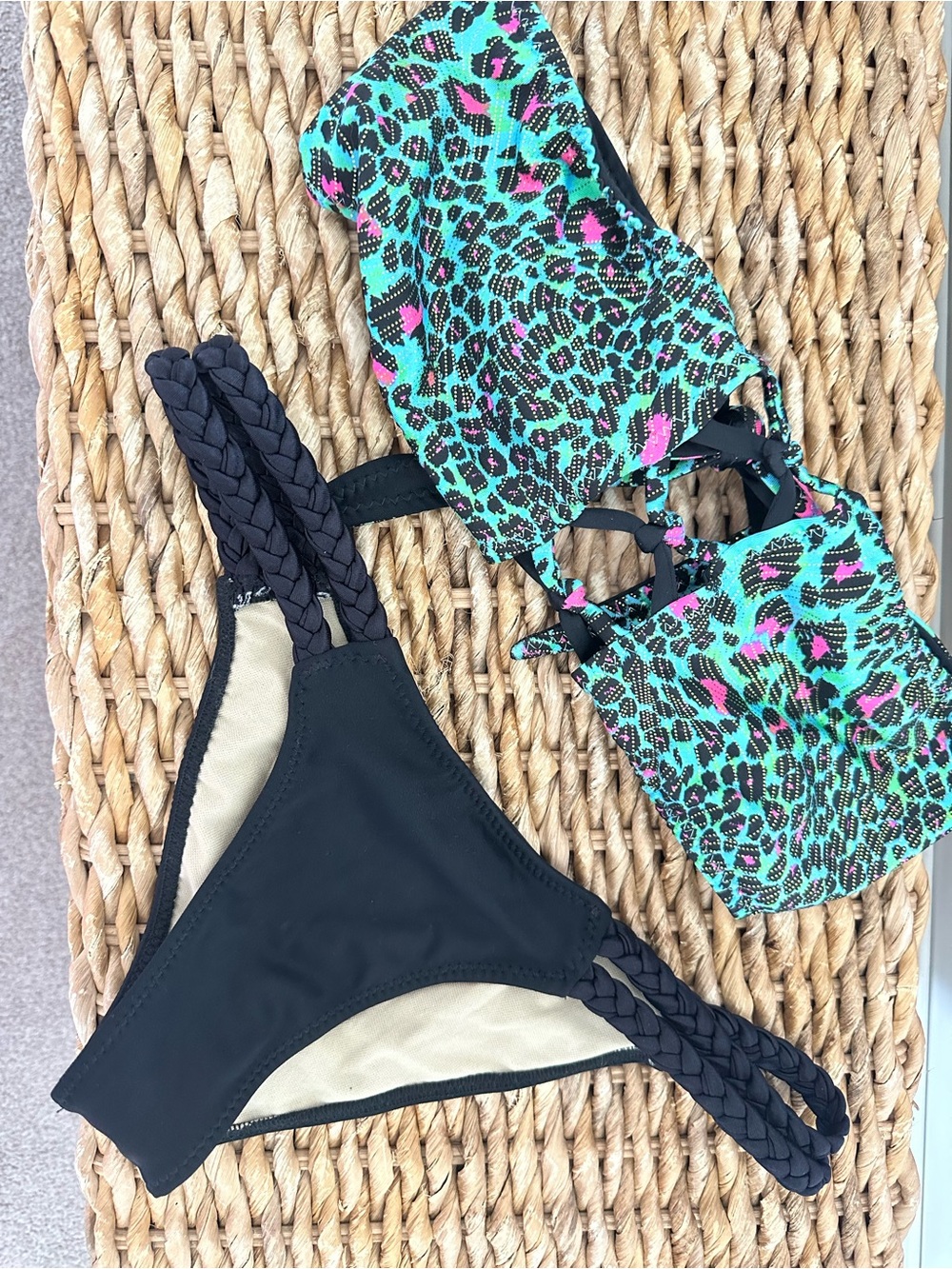 Black Bikini Bottom with Turquoise Leopard Print Top Swim Set